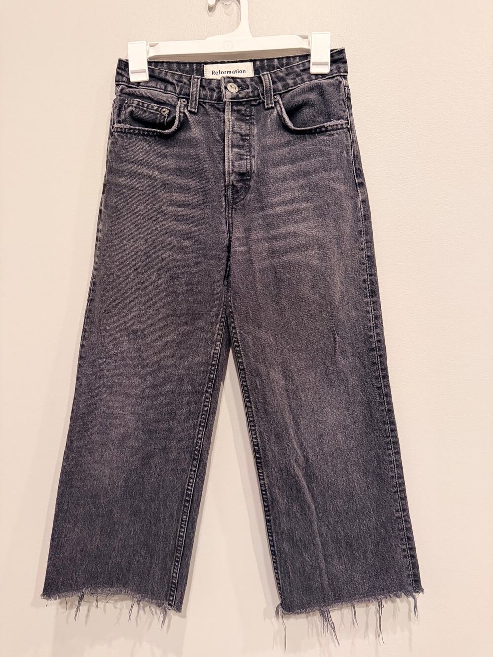 Reformation Fawcett High Rise Wide Leg Jeans Gray Raw Hem 24 Flawed